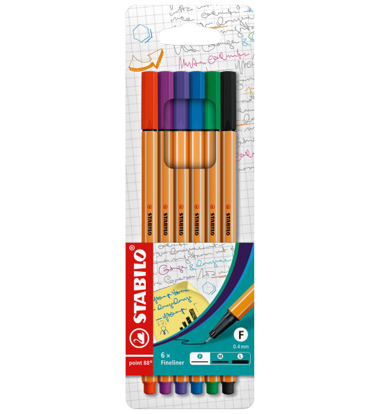 Micropunta/Felpa, Point 88, Punta Fina  0.4 mm, Estuche x 6 Unids. 6 Colores Básicos Surtidos